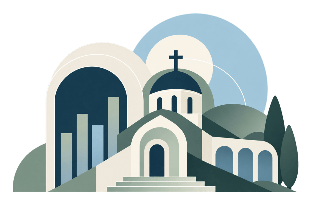 Stylized church, landscape, and research bar chart motif in Church Research Partners colors
